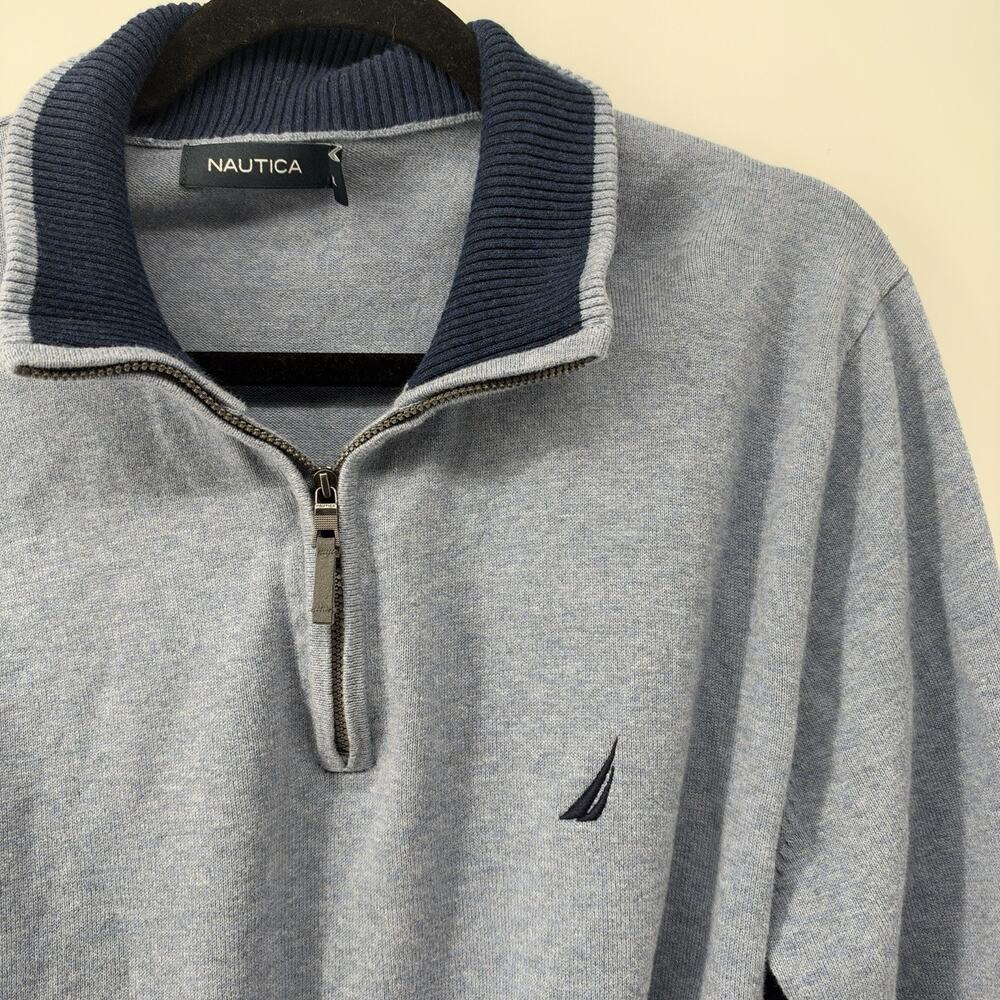 Nautica Mens Blue 1/4 Zip Pullover Sweater Size L Cotton Logo Preppy Nautical